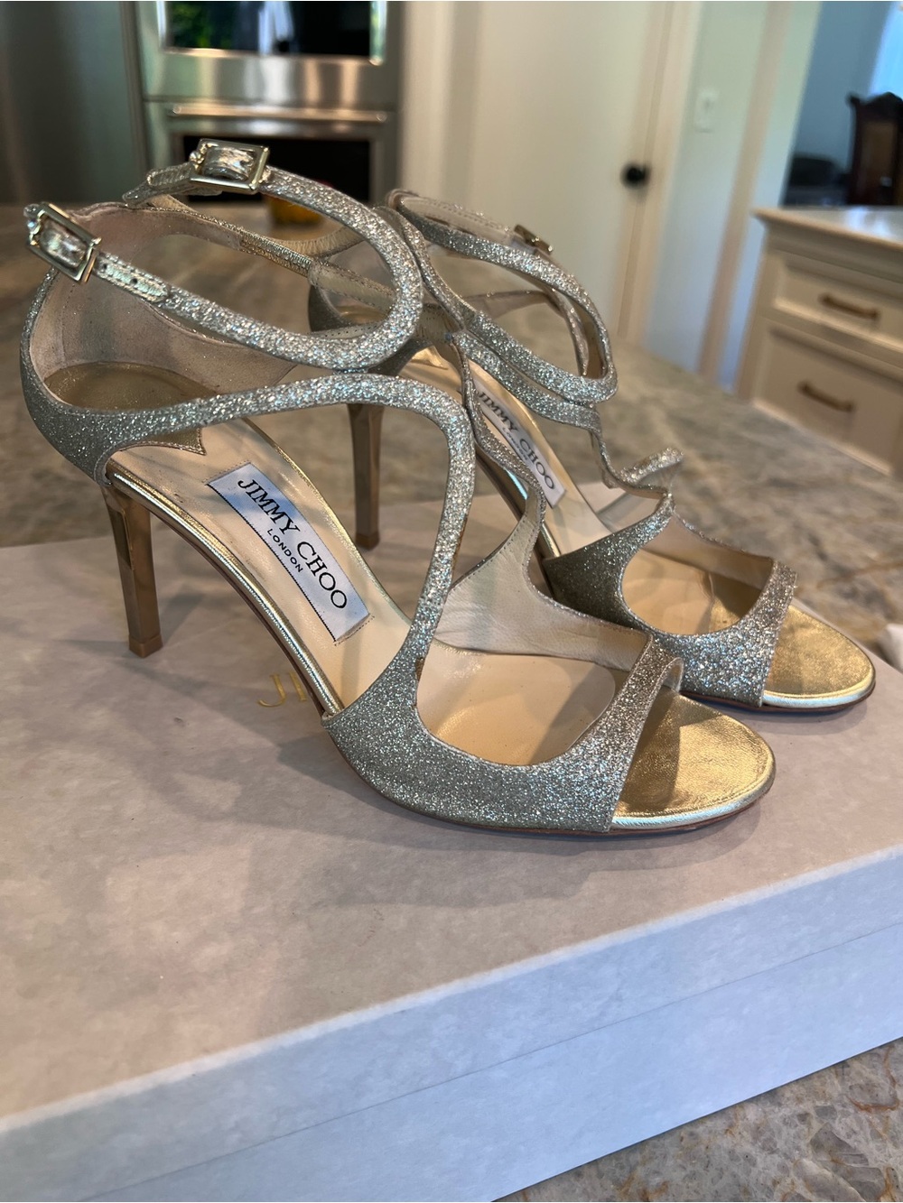 Jimmy Choo Dusty Glitter Strappy High Heel- Ivette 37 1/2